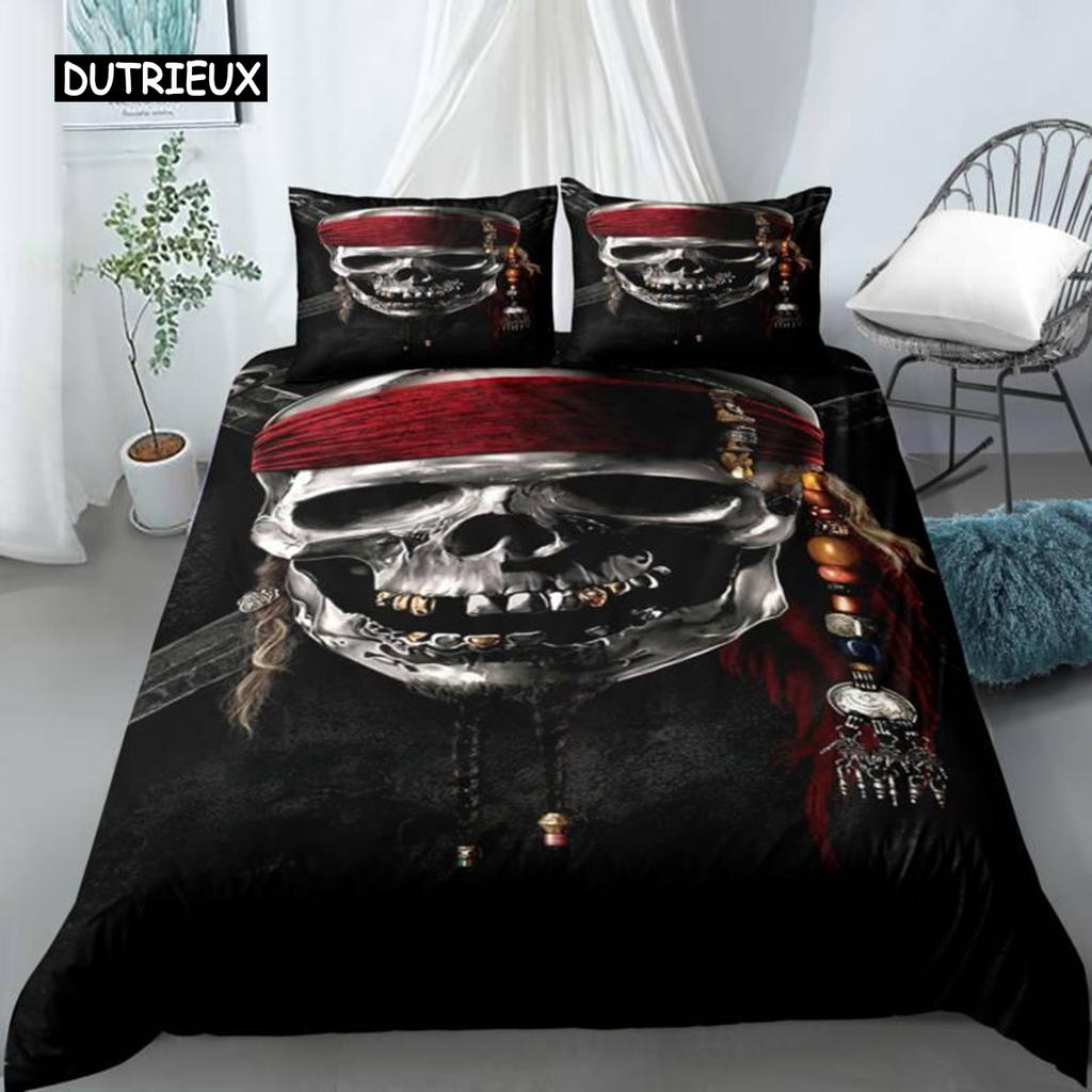 Skull Duvet Cover Set Queen Black Skeleton Paisley Floral Pattern Bedding Set for Teen Adult Polyester Halloween Comforter Cover