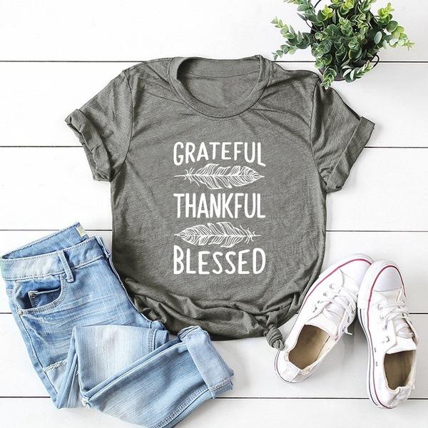 Grateful Thankful Blessed Feather Print Женская футболка с коротким рукавом и круглым вырезом Свободная женская футболка Женская футболка Топы Одежда Mujer