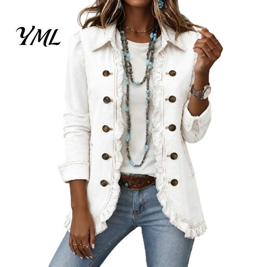 Turndown Collar Jackets Women Bohemia Floral Jacket, Ruffled Open Front Coat, Jacket Slim Fit Casual Long Sleeve Outwear for Fall