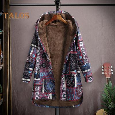 Женская флисовая куртка осень-зима с этническим принтом, куртка с капюшоном, теплая верхняя одежда с длинным рукавом, пальто с пуговицами спереди для повседневной носки и активного отдыха на свежем воздухе