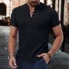 Men's Solid Color Cotton and Linen Short-sleeved Shirt Summer Casual Henry Collar Shirt Button V-neck Pullover Loose Top S-XXXL