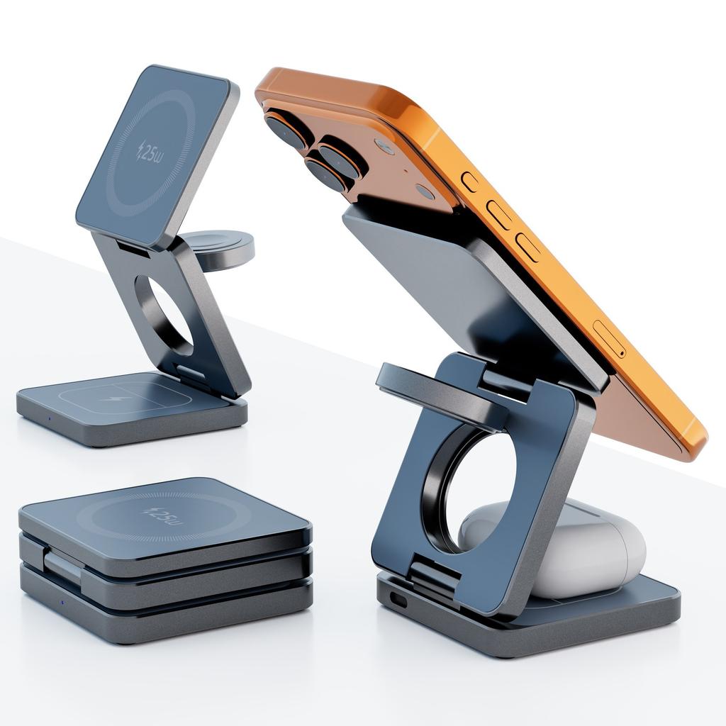 3-in-1 Folding Magnetic Wireless Charger 25W 9V/2A Model Iw31 for Mobile Phone Headphones Watch with Desktop Stand