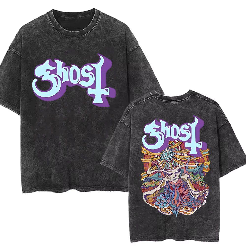 Стирка Винтажная Футболка с Логотипом Ghost Мужская Женская Летняя Оверсайз Футболка Мужская 90-х Готическая Уличная Одежда Мужчины Женщины Рок Металл Музыка Футболки