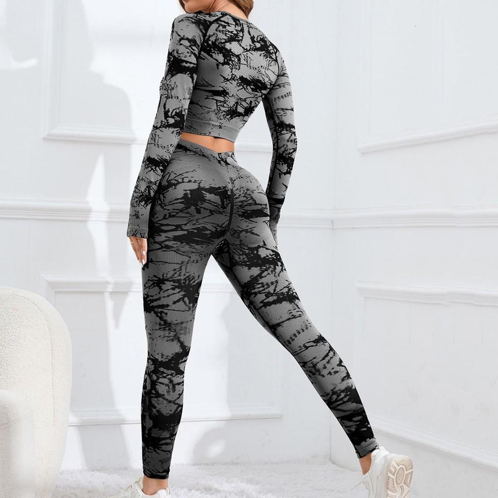 «Бесшовный комплект для йоги с узором «тай-дай»: Топ с длинными рукавами и леггинсы с высокой талией для женщин