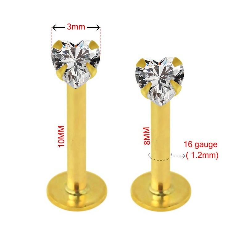 KODY PIERCING 14k Yellow Gold Gemstone Jewel Internal Lip Labret In Hollow Cubic Zirconia Heart-shaped 3mm Set by 4 Prongs - Quality Piercing