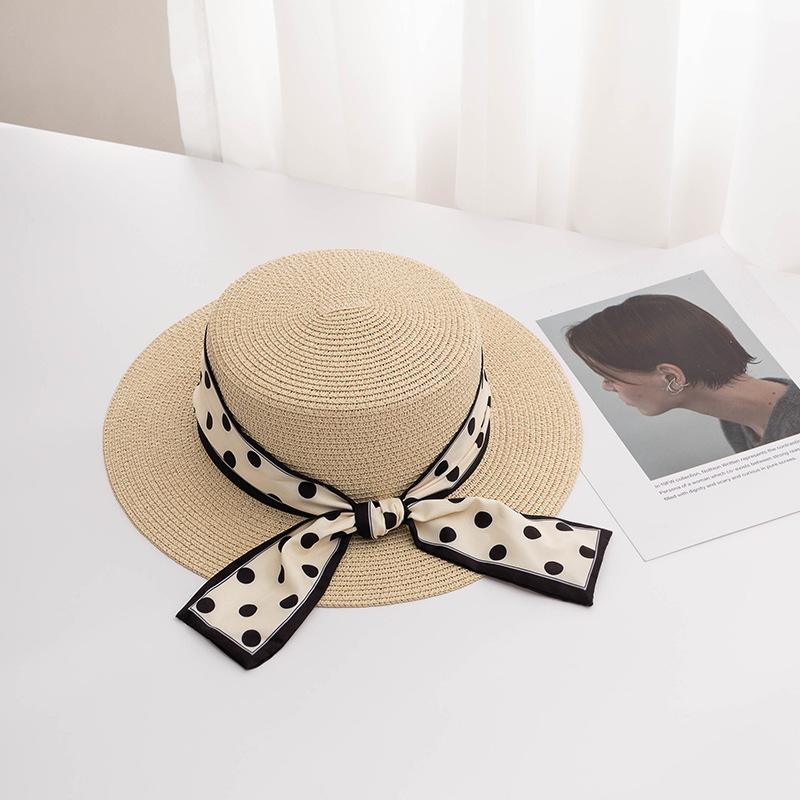 Модная соломенная шляпа в горошек для женщин, солнцезащитная праздничная пляжная шляпа, белая французская шляпа с плоским верхом, женская шляпа-бантик