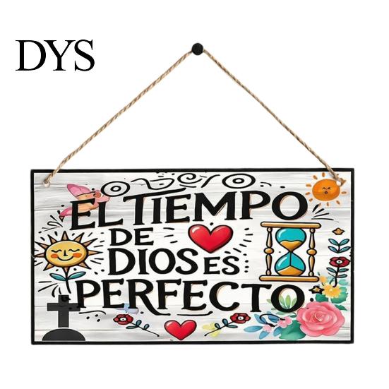 Handmade Wood Hanging Sign Spanish Religious Prayer Wall Ornament with Rose Cross Flower, Living Room Ornaments Wooden Decorative Pendant for Bedroom