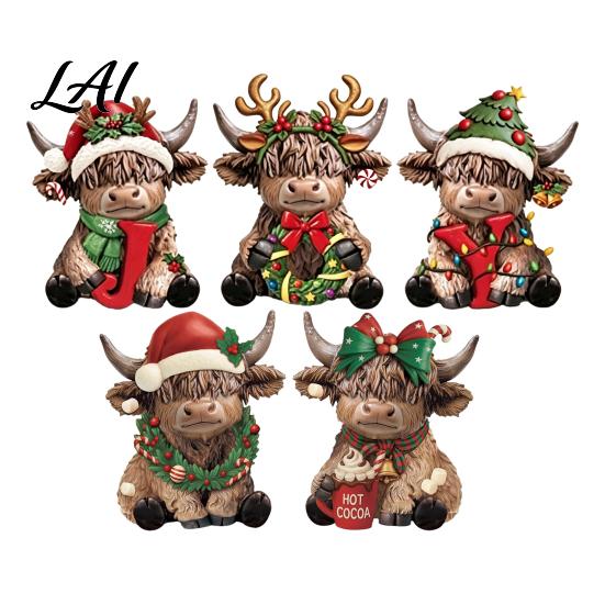Whimsical Country Christmas Ornaments 2/3Pcs Highland Cow Wooden Tabletop Sign 2D Flat Yak Holiday Tree Decorations Figurine Ornament with