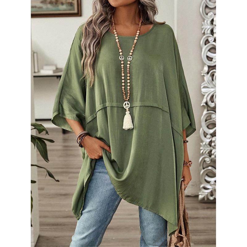 Модная новая свободная повседневная рубашка с рукавами «летучая мышь», женская элегантная блузка с круглым вырезом и однотонным принтом больших размеров для женщин, летняя простая офисная женская рубашка, топы 25905