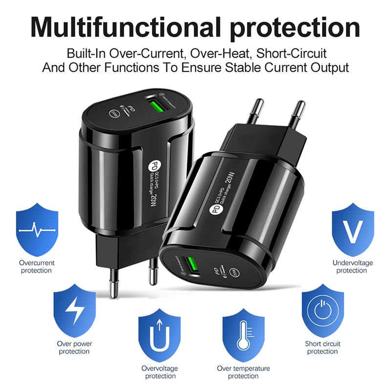 20W Dual USB Charger EU US Plug Wall Charging Type C PD Mobile Phone Charger For iPhone12 11 Samsung Xiaomi Power Supply Adapter