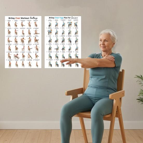 2Pcs Chair Yoga Poster Set, 30 Day Seated Exercise Chart for Seniors, Gentle Stretching Workout Guide for Elderly, Strength Training Wall Art