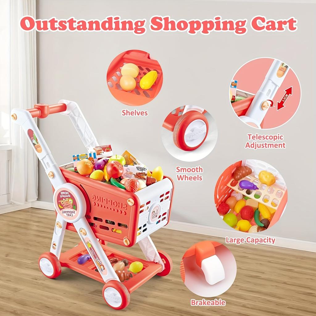 Набор детской тележки для покупок, 31 шт., красный и зеленый, из другого пластикового материала, с игровой едой, фруктами, овощами, десертами и аксессуарами для магазина