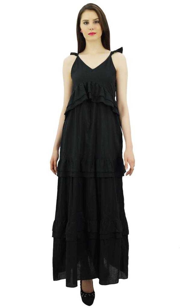 Bimba Sexy Summer Spaghetti Strap Sundress V-Neck Casual Ruffle Long Maxi Beach