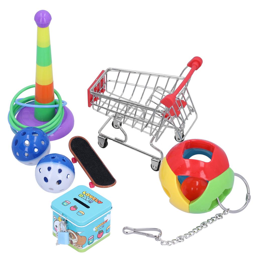 7pcs Parrot Puzzle Toys Set Mini Cart Training Rings Skateboard Bell Ball Kit for Birds