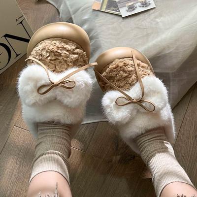 Тапочки с бантом из меха женские удобные плоские туфли на платформе домашняя хлопковая обувь 2024 зимние новые женские плюшевые теплые шлепанцы пушистые мюли