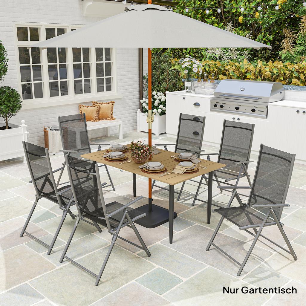 Garden Dining Table, 150 x 90 cm Rectangle Outdoor Table with 5 cm Parasol Hole, Slatted Tabletop and Steel Frame for Patio Balcony