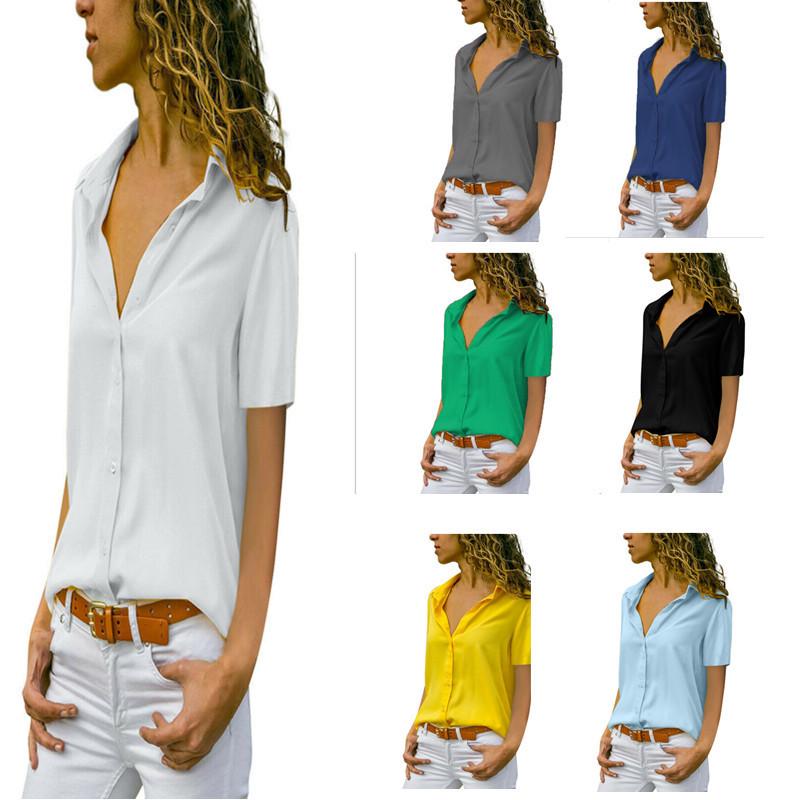 Women Solid Color Short Sleeve Turn Down Collar Button Up Chiffon Blouse Plus Size Summer Tops
