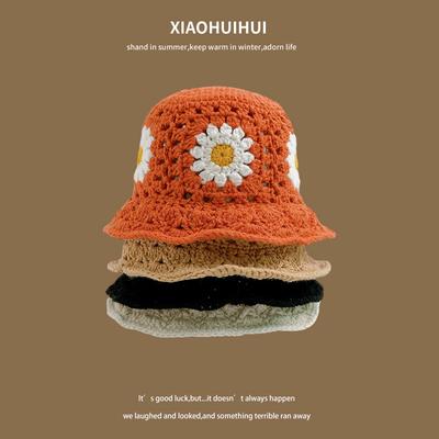 Весенне-осенние цветы Вязаная шапка ручной работы Детская нишевая полая шерстяная Универсальная шляпа-ведро Подчеркивает маленький тренд