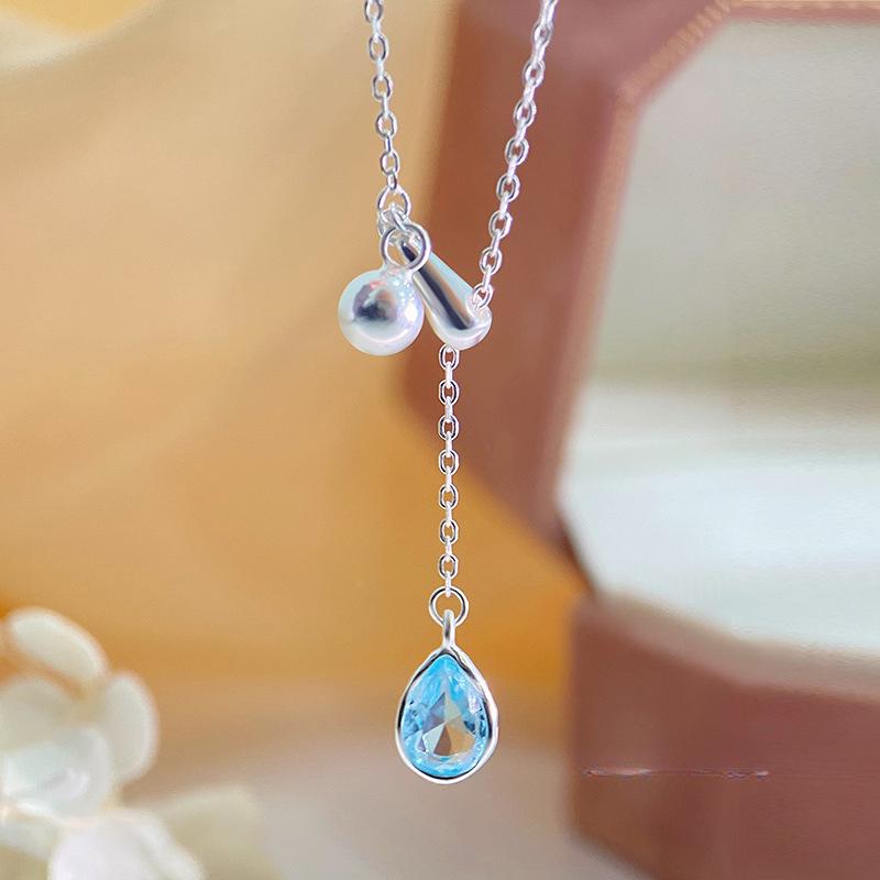 Fresh Blue Diamond Water Drop Necklace for Women's Sweetheart Pullout Adjustable Fashion Collar Chain