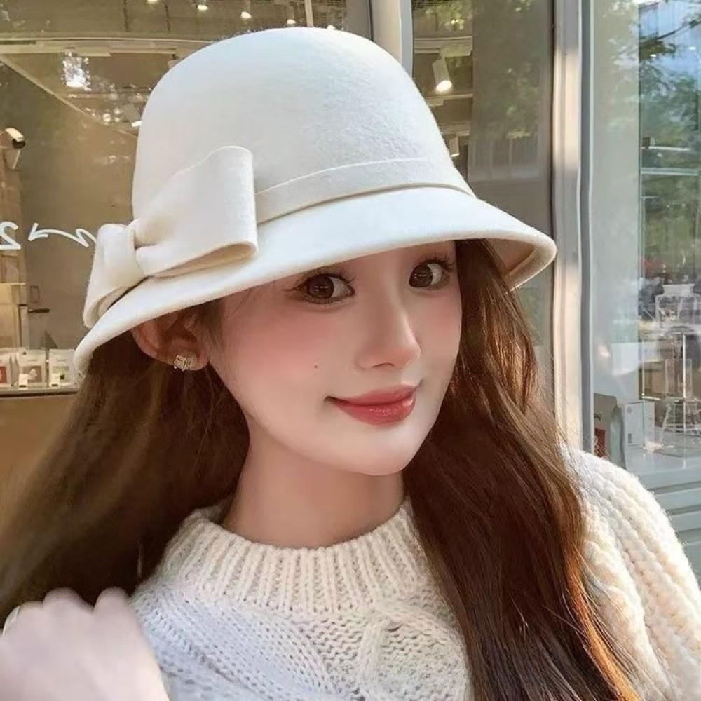 Женская шляпа рыбака во французском стиле, однотонная шерстяная шляпа-ведро, модная шляпа-топ с бантом, для вечеринки