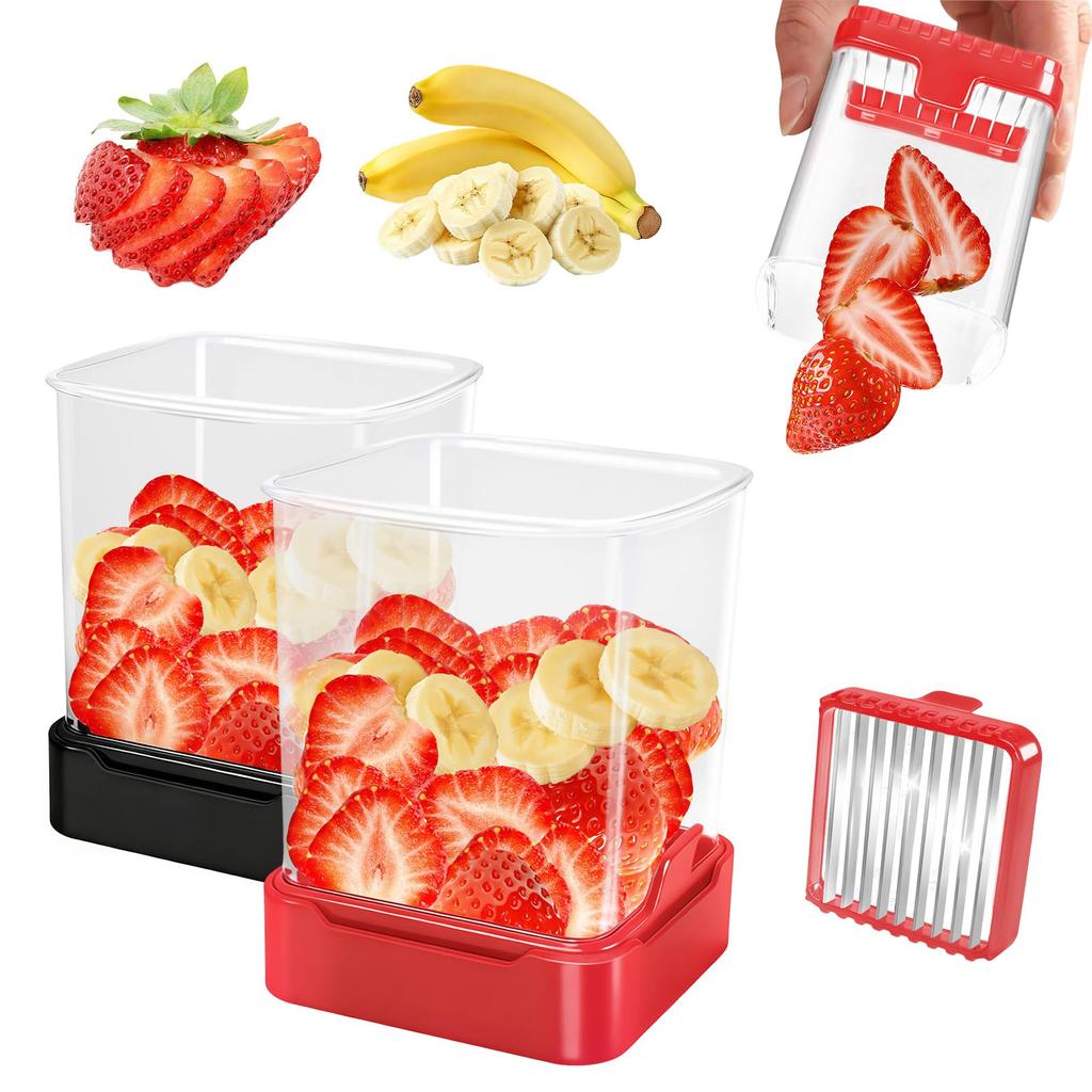 Fruit Slicer Cup for Strawberry, Banana, Hard-Boiled Egg - Detachable Cutter with Push Plate - 304 Stainless Steel Blade - Rapid & Safe Slicing