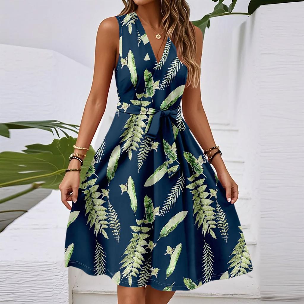 Женское весенне-летнее повседневное платье миди с V-образным вырезом без рукавов и цветочным принтом на талии