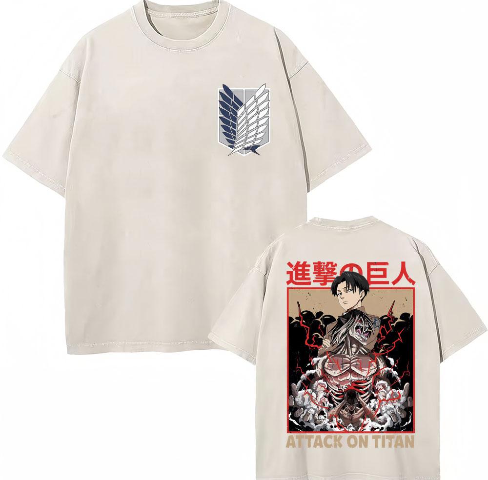 Washed Vintage Anime Attack on Titan Eren Jaeger Skeleton Graphic T Shirt Men Women Cartoon Manga Oversized Tshirts Streetwear
