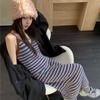 Female New Short V-neck Striped Long Skirt Strap Dress Knitted Stylish Ins Knitted Sleeveless Pullover Women