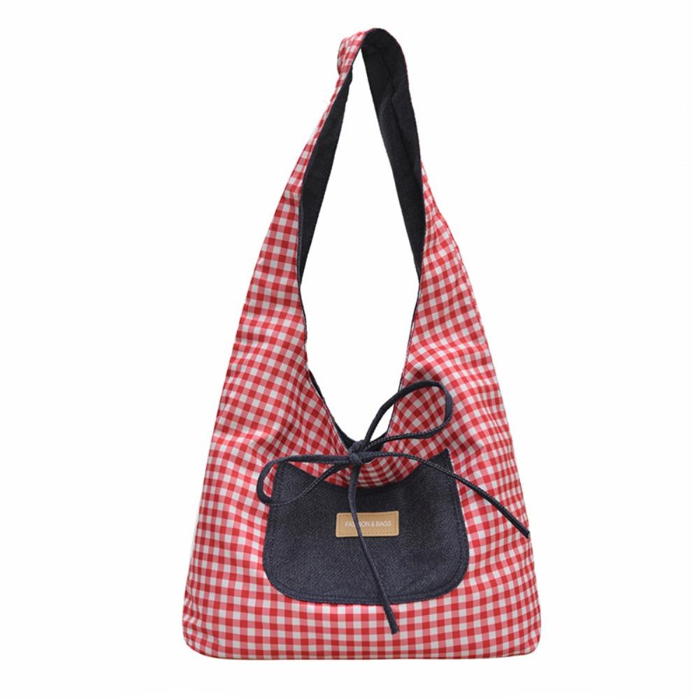Cloth Denim Shoulder Bag Japanese Style Canvas Tote Bag Double Sided Plaid Denim Vest Bag  Travel