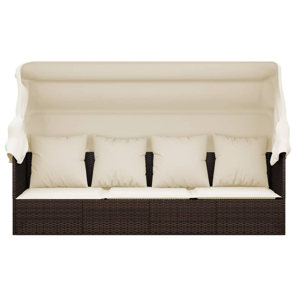 Outdoor Lounge Bed with Canopy and Cushions Brown Poly Rattan