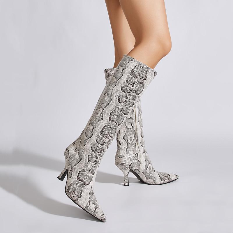 Fashion 2025 Autumn Winter Snake Pattern Patent Leather Women Knee-high Boots Elegant Pointed Toe High Heels Fashion Party Boots Shoes