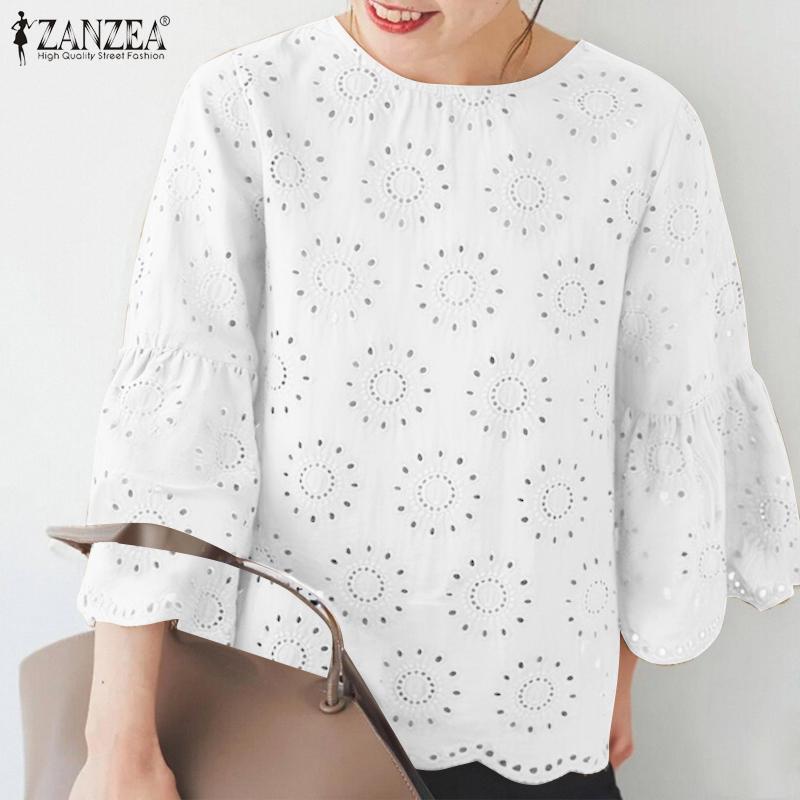 ZANZEA Женская повседневная блузка с круглым вырезом и рукавом 3/4, свободная кружевная блузка в стиле пэчворк