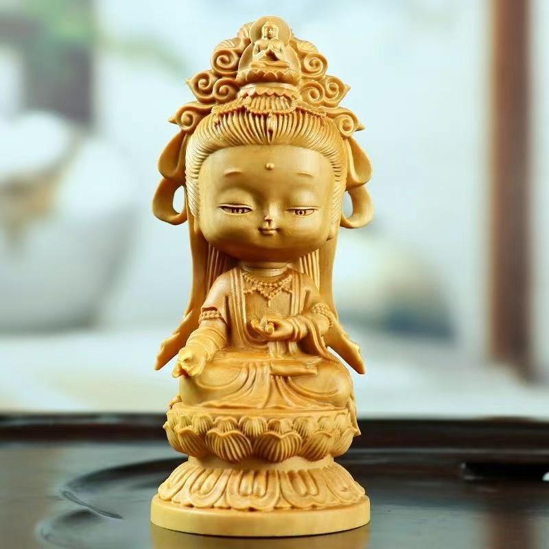 Woodcarving Cartoon Guanyin Statue Hand Carving Solid Wood Buddhist Feng Shui Guanyin Home Room Office Decoration Statue
