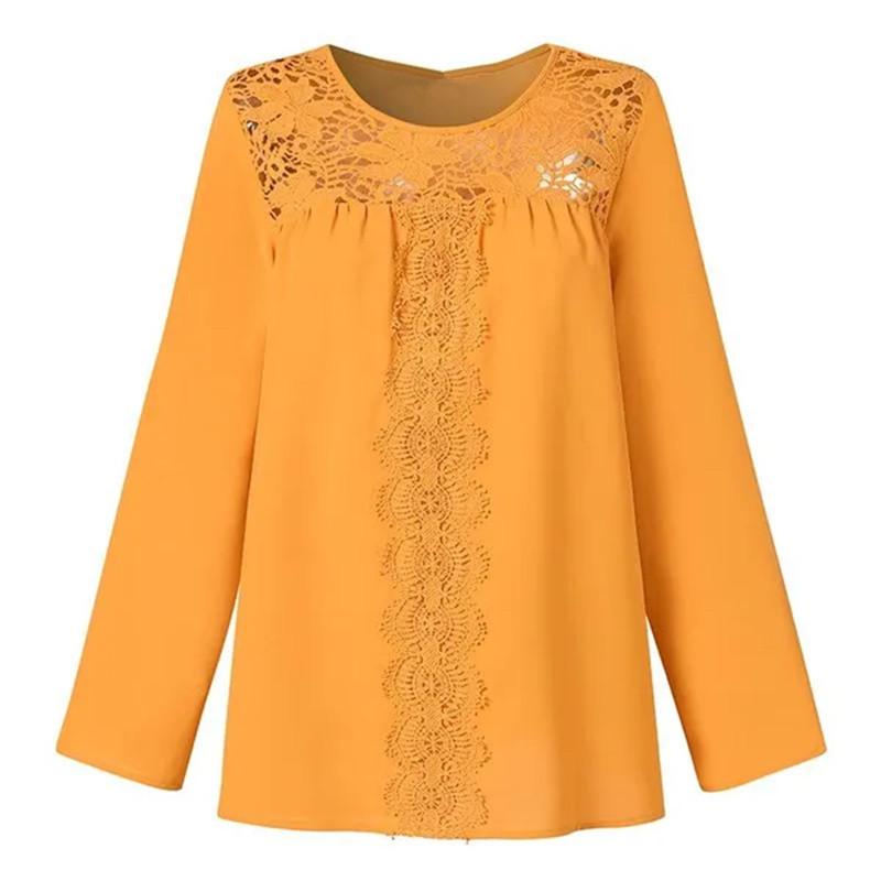 Женская блузка, повседневная, свободная, плиссированная, с ажурным кружевом, с круглым вырезом и длинным рукавом, футболка