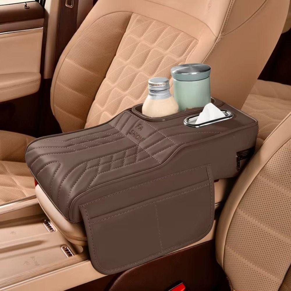 2 Cup Holder Center Console Pad PU Leather Vehicle Armrest Cushion Universal Car Armrest Box Sedan