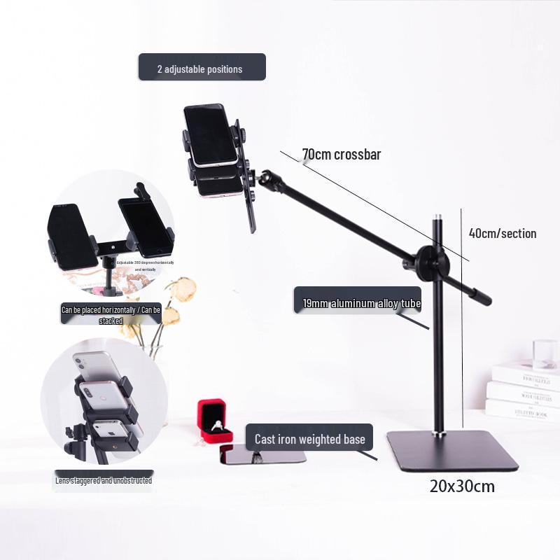 Cantilever Multi-Camera Floor Stand with Long Arm for Top-Down Shots & Multi-Platform Phone Holder in Mirror Live Streaming & Photography