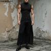 Men Turtleneck Sleeveless Ribbed Splits Tops High Low Long Tunic T-shirts