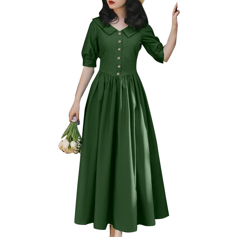 ZANZEA Womens Doll Collar Short Sleeve Casual Long Dress