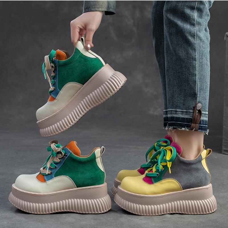 Johnature Туфли из натуральной кожи на плоской платформе, разноцветные туфли на толстой подошве, повседневная женская обувь на повышенной высоте