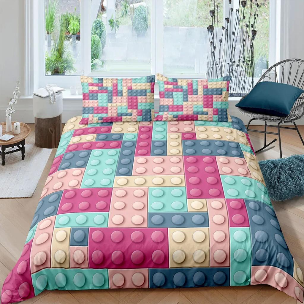 Colorful Blocks Duvet Cover King/Queen Size,Building Toy Bedding Set Kids Boys Girls Orange Blue Fun Brick Polyester Quilt Cover