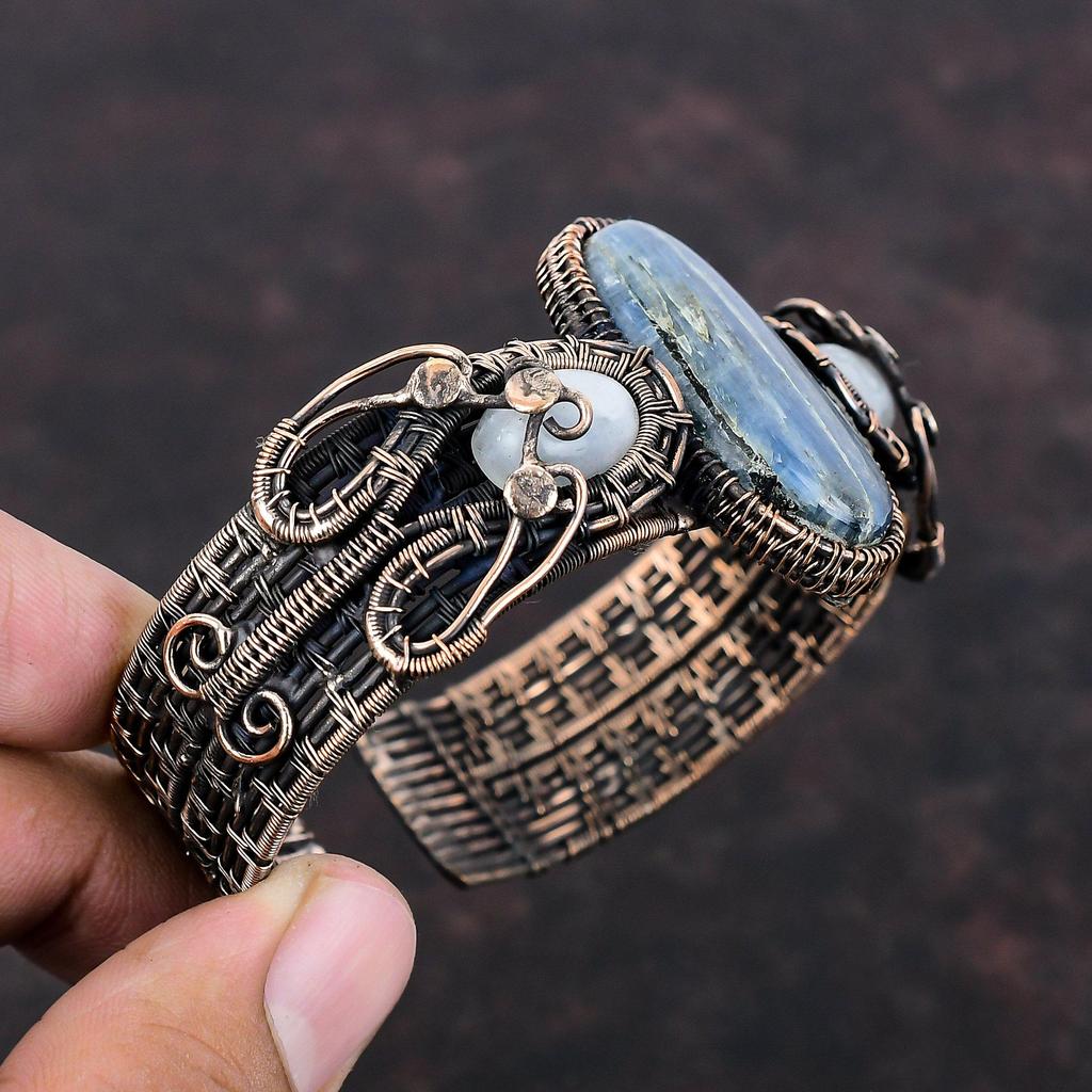 Kyanite Gemstone Bangle Adjustable Cuff Bracelet Copper Wire Wrapped Bangle Rainbow Moonstone Bangle Handmade Copper Jewelry Gift For Women