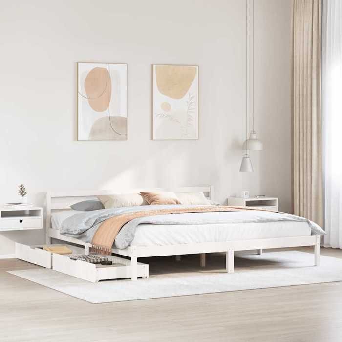 VidaXL Cadre de lit avec tiroirs blanc 200x200 cm bois massif de pin, sommier, cadre de lit double, cadre de lit en bois 3301549