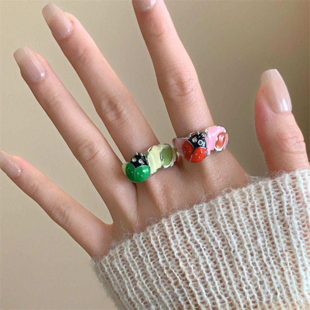 Chinese Style Insect Drip Oil Ring Geometric Enamel Flower Ring Vintage Painting Ring  Decoration