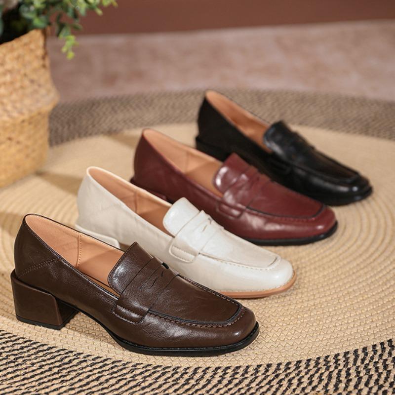 Retro Loafers Soft Leather Heels Two-way Shoes College Style Small Leather Shoes Slip-on Shoes for Women Thick Heels High Heels