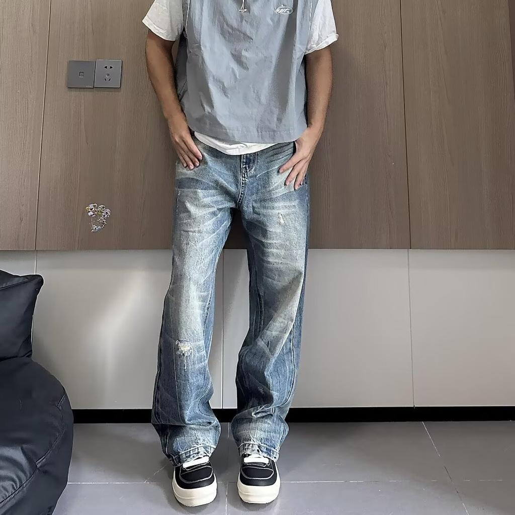 Осень и зима Новые американские джинсы High Street Washed Light Color для мужчин и женщин Прямые слегка расклешенные свободные широкие брюки