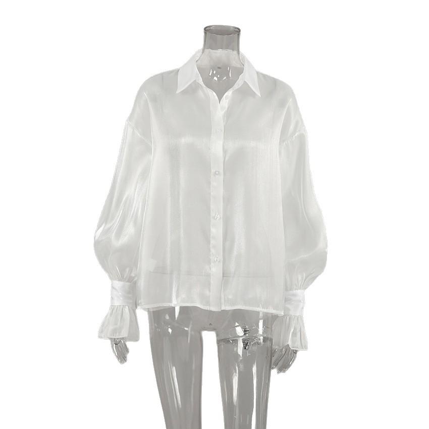 European and American spring and summer new white lapel sexy see-through yarn shirt 1116 fashion wholesale ruffle edge top