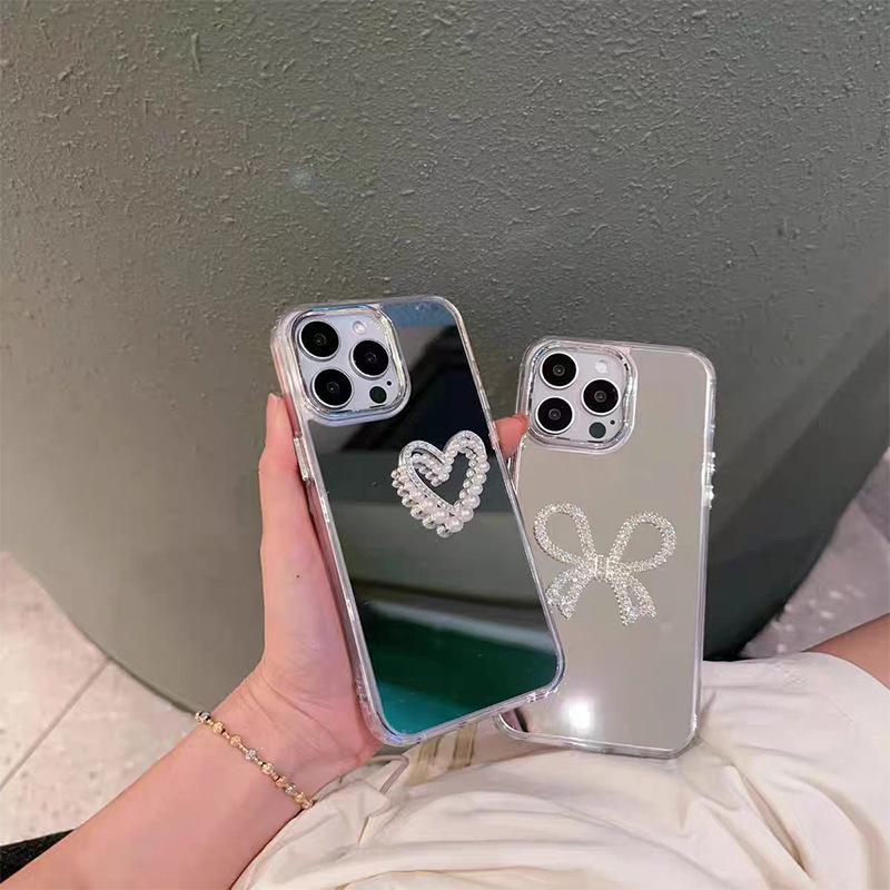 Чехол для телефона со стразами в виде сердца и банта, с зеркалом, для iPhone 17 ProMax/14/13