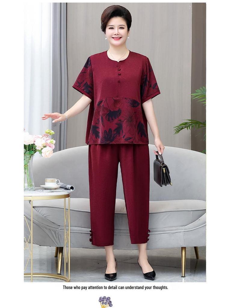 Летний комплект больших размеров с коротким рукавом для женщин среднего и пожилого возраста - Свободный облегающий костюм-двойка