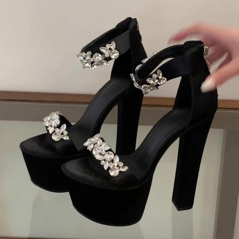 Eilyken Fashion Sexy Open Toed Rome Rhinestone Platform Sandals Ultra-high Thick High Rear Zipper Women Banquet Party Dress Shoe
