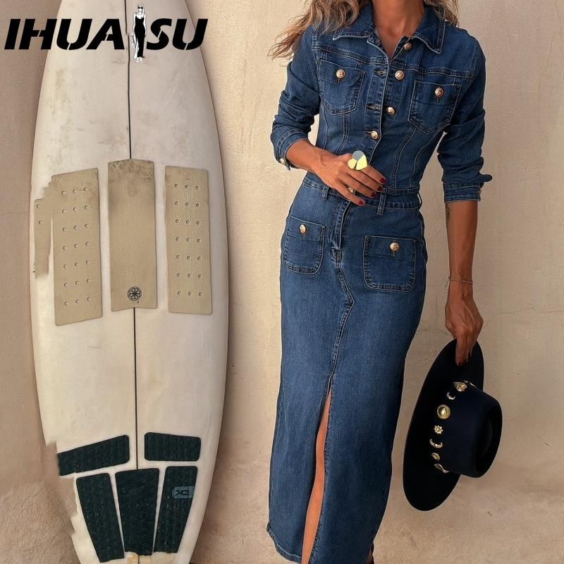 IHUASU Fashion Casual Multi-button Long Sleeve Denim Mid-length Dress